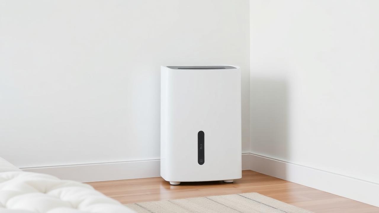 Desumidificador moderno instalado em quarto para controle de humidade e prevenção de bolor