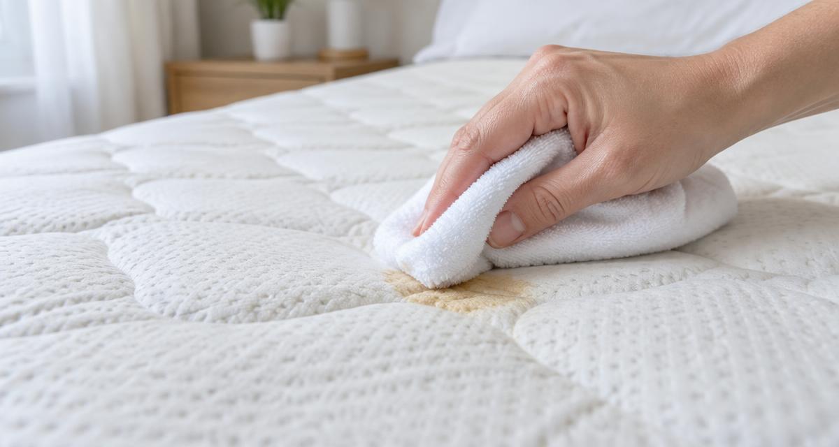 Mão a absorver uma mancha num colchão branco com um pano de algodão