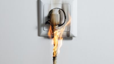 Tomada com curto-circuito mostrando perigo elétrico em casa - Casa em Dia Maia